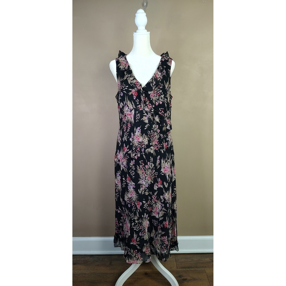 Ann Taylor LOFT Black Floral Ruffle V-Neck Midi Dress Womens 12 Sleeveless Zip